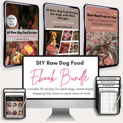 DIY raw dog food ebook bundle with 32 raw dog food recipes and lots of cheat sheets
